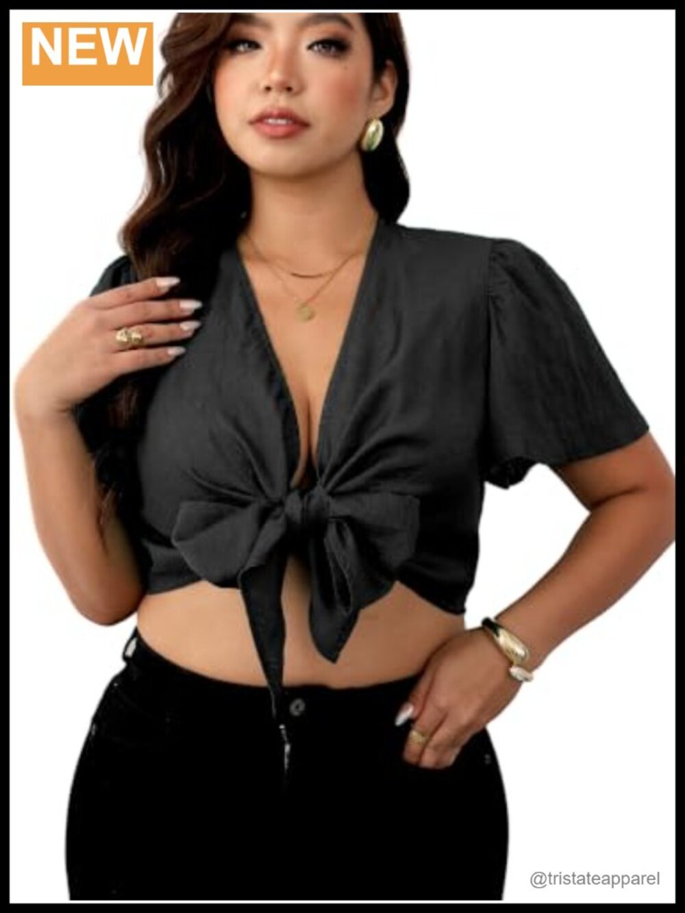Plus Size Crop Top Tie Front Deep V Neck Short Puff Sleeve Blouse Lyocell